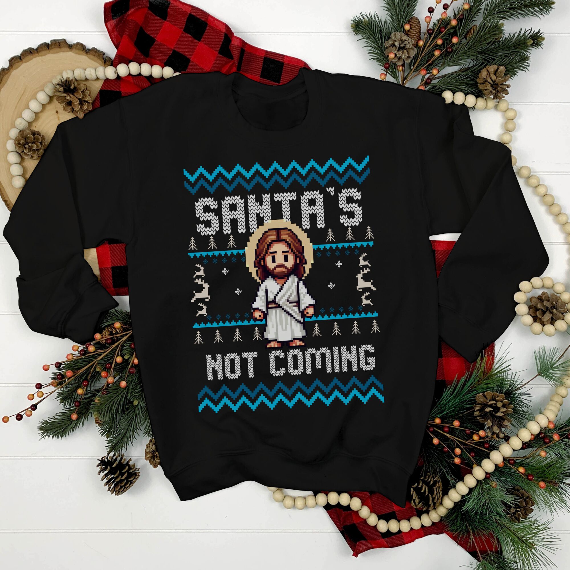 MAD Apparel Santa's Not Coming Pixel Art Jesus Christmas Sweater