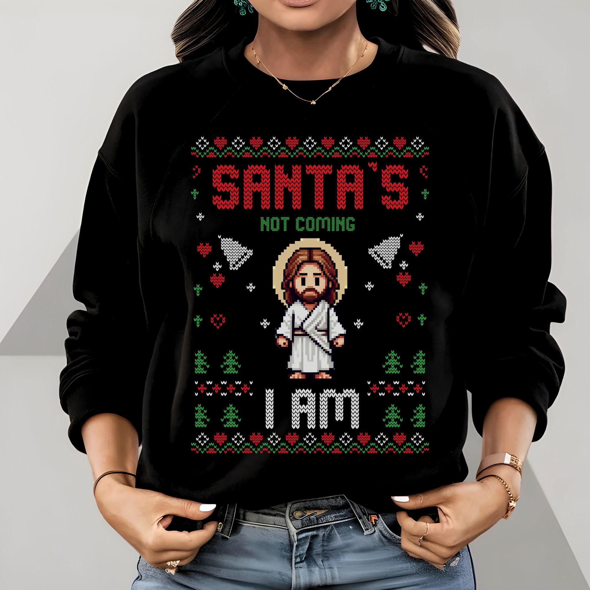 MAD Apparel Santa's Not Coming Pixel Art Jesus Christmas Sweatshirt